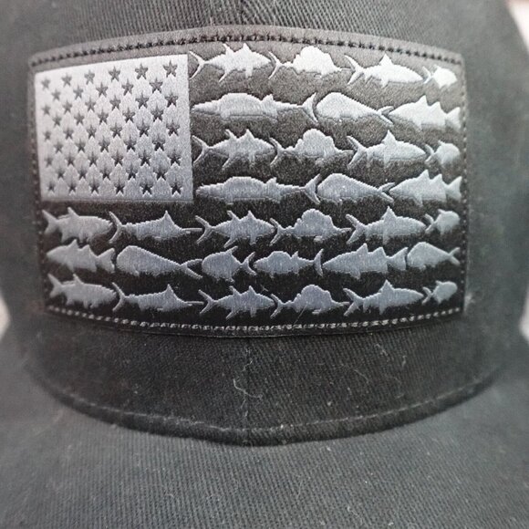 Columbia PFG Trucker Hat Black Patch American Flag Fishes OS Flexfit - Picture 2 of 7